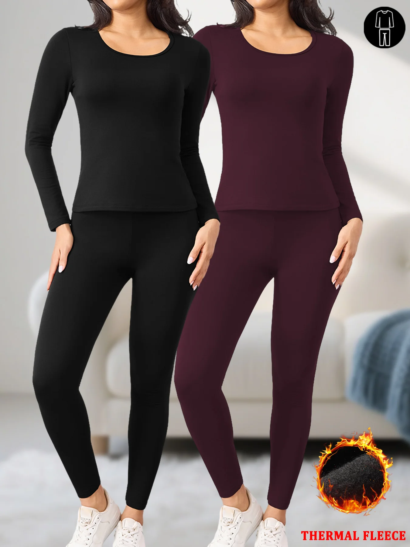 

2 Pack Women's Winter Thermal Sets with Fleece Lining - Super Soft Loungewear Pajama Sets for Cold Climate
