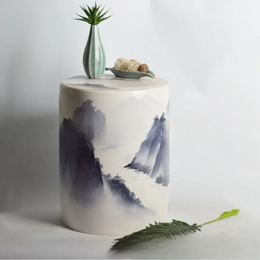 Cross-border hand-painted ancient chair high temperature landscape ceramic stool new Chinese cylindrical ceramic stool craft