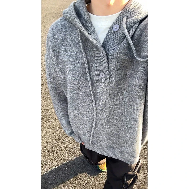 

ay Knitted Hoodie Men's Loose Lazy Sle Sweater High-End American Retro Jaet Autumn Winter Casual Polyester Fiber Long S...