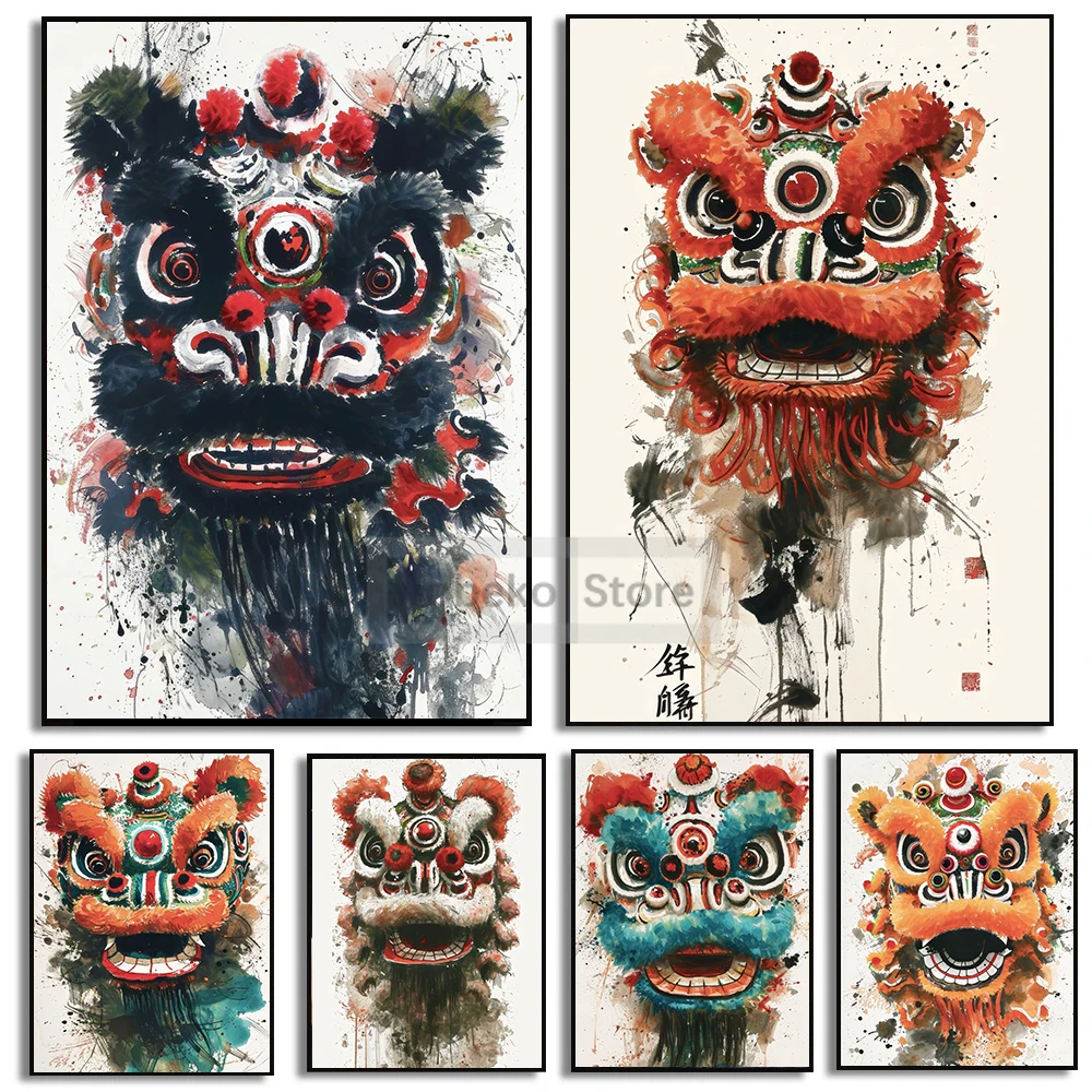 Tradition Chinese Lion Dance Posters Ink Wash Style Lion Poster and Prints Canvas Painting Wall Art Pictures Home Room Decor