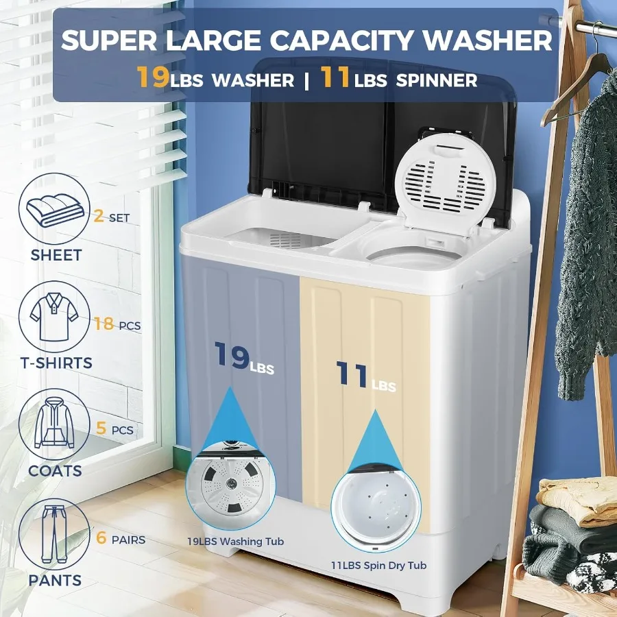Portable Washing Machine 30Lbs Compact Laundry Solution with Drain Pump for Apartments Dorms and RVs SemiAutomatic 19Lbs Washer