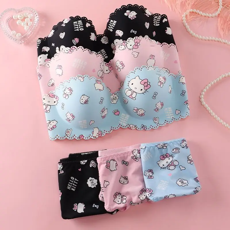 Sanrio Hello Kitty Underpants Anime Figure Y2K Sweet Girl Underwear Pants Cartoon Kawaii Chest Gathering Traceless Women Bra Set