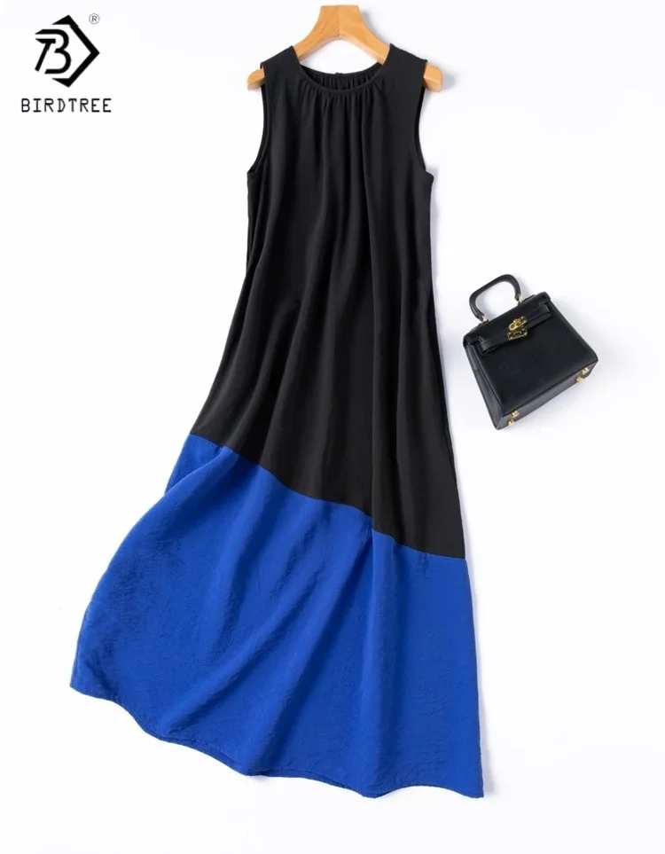 

Birdtree Summer 76% Mulberry Silk 24% Nylon Dress,Women Dry Silk O-Neck Sleeveless Contrast Color Long Skirt,2025 New D56208JF