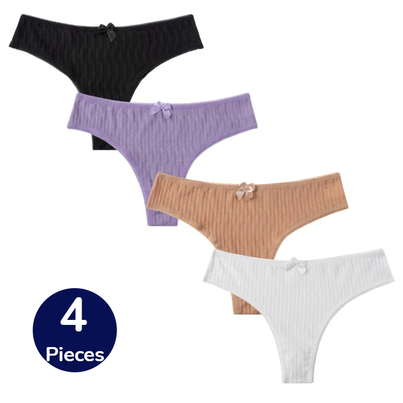 WarmSteps 4-teiliges Modisches Damen-Slip-Set, Niedrige Taille, Weiche Hohle Slips mit Süßer Schleife, Sexy Atmungsaktive Bequeme G-Strings