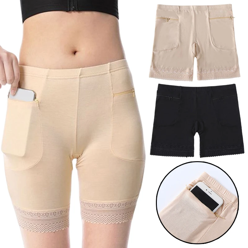 1Pc Women Cotton Safety Lace Anti-Theft Pants With Pockets High Waist Large Size Soft Breathable Briefs Simple Safety Pants