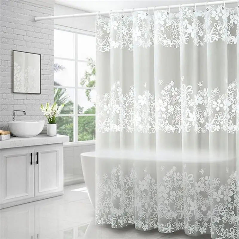 Bathroom Waterproof PEVA Shower Curtain Set With Hooks Bathtub White Flower Vine Mildew Proof Curtains Translucent Bath Screen