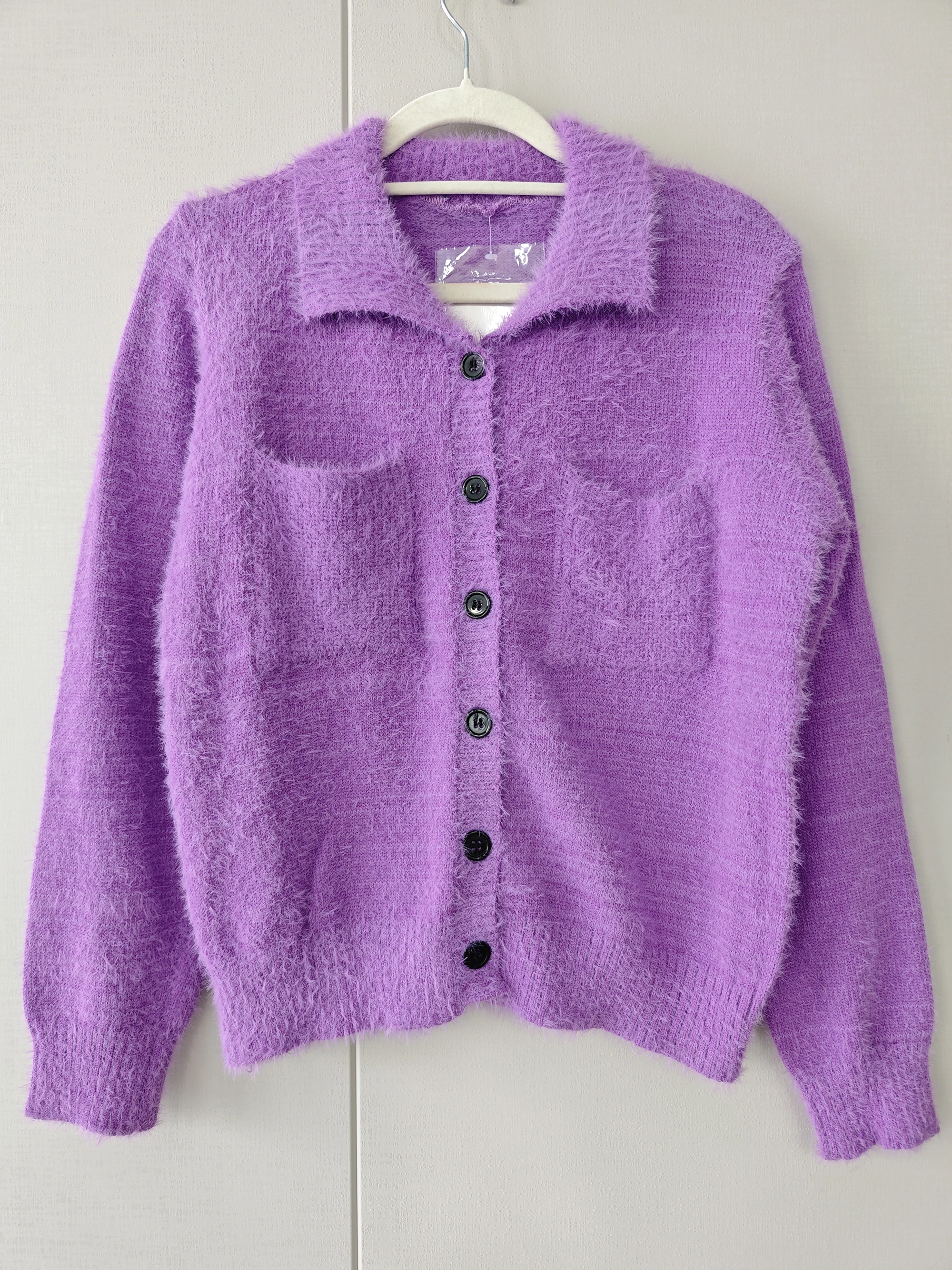 

Фиолетовый вязаный свитер, мягкий маленький ароматный ветер, толстый свитер, пальто, женский новый однобортный однобортный топ с отложным воротником и карманами