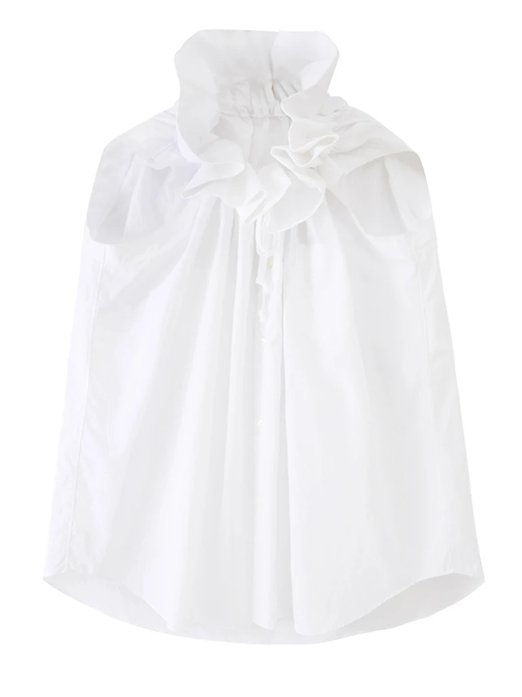 [EAM] Women White Ruffles Big Size Blouse New Stand Collar Sleeveless Loose Fit Shirt Fashion Tide Spring Summer 2024 1DF7975