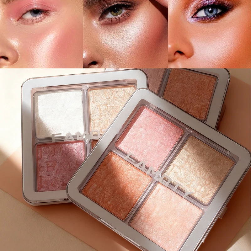 4색 페이스 하이라이터 팔레트 일루미네이터 팔레트 내추럴 글로우 방수 글리터 쉬머 베이크드 파우더 하이라이터 메이크업