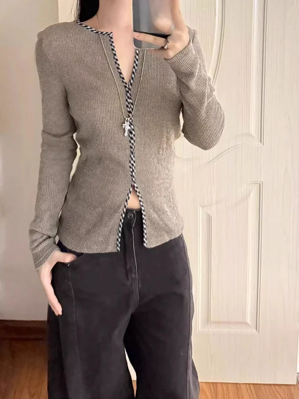 

plus Size Women's Knitwear Vintage Plaid Knot Design Slimming Side Split Long Sve V-Ne Regular Fit Korean Sle Top