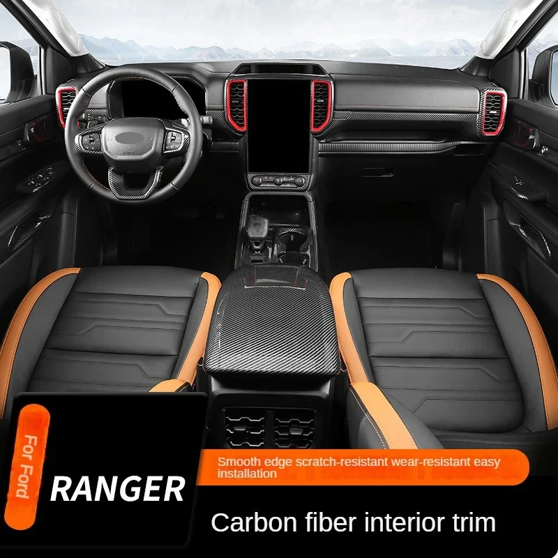 For Ford Ranger T9 2023 2024 Carbon Fiber Car Trim Panel Raptor Orange Key Armrest Cover Center Control Panel Car Accessories