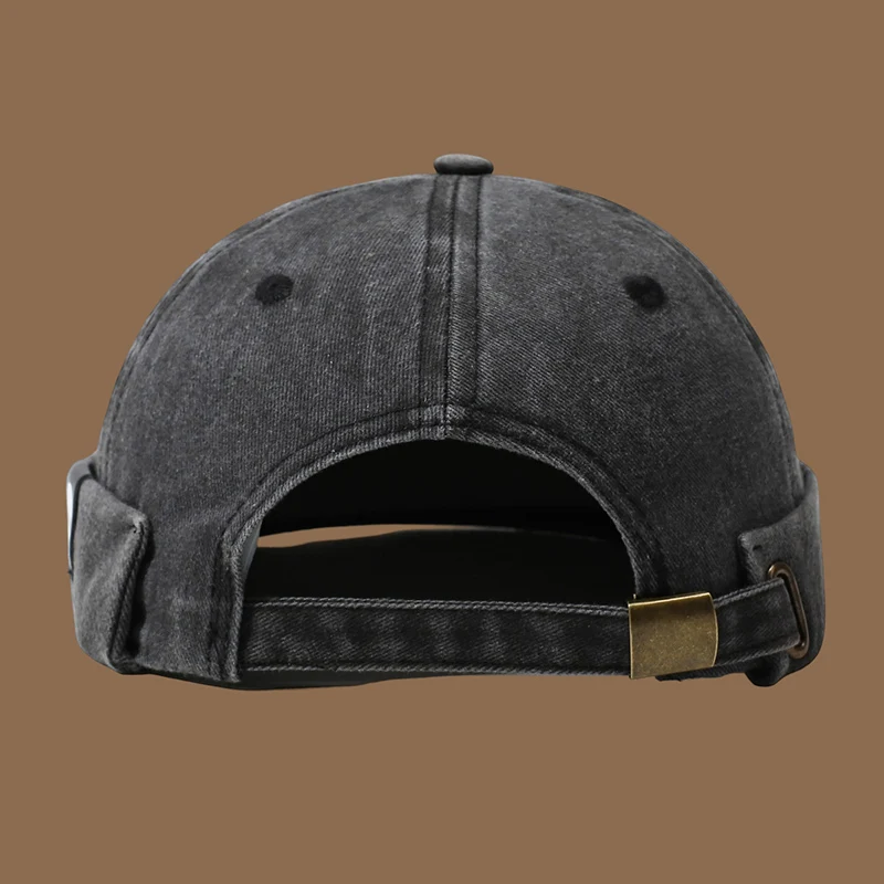 Distressed Washed Denim Skull Tag Docker Hat Men Adjustable Roll Edge Brimless Landlord Cap Punk Street Skullcap