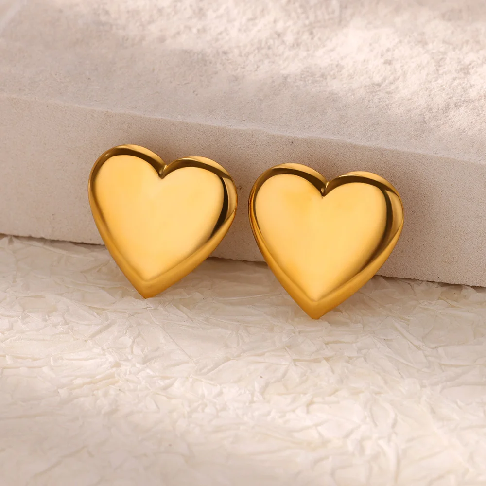 Stainless Steel Chunky Heart Stud Earring for Women Gold Color Cute Heart Wedding Aesthetic Earring Jewelry Accessories Gift BFF