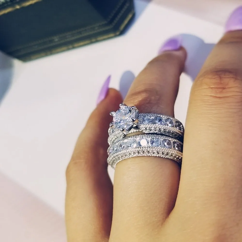 Fashion Zircon Wedding Ring Set 2 Piece Set Silvery Natural Diamond Ring Sparkling Couple's Ring Women