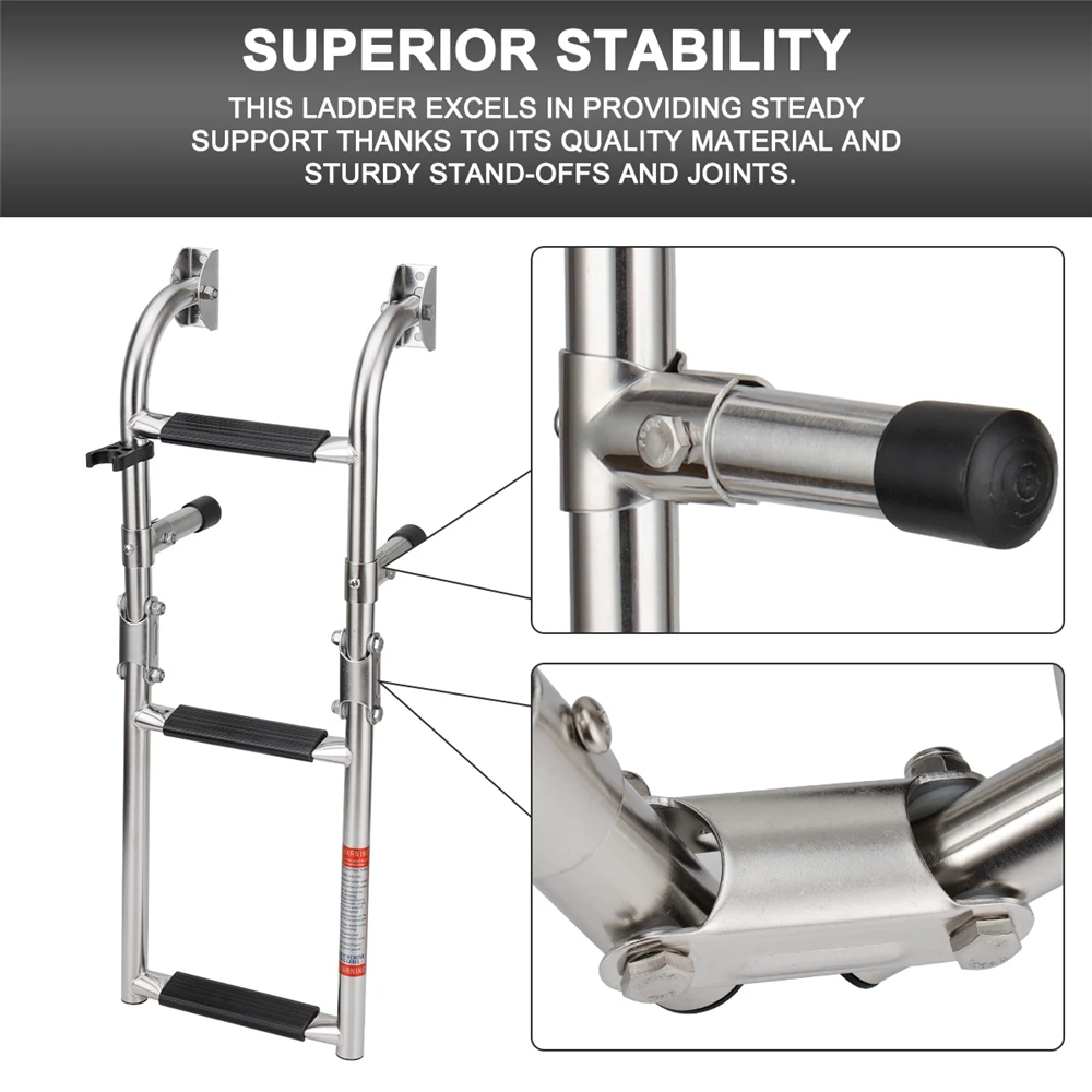 عالية الجودة أرخص اكسسوارات للقوارب البحرية 3 خطوات سلم قابل للطي الفولاذ المقاوم للصدأ عدم الانزلاق سلالم عائمة ث/قبضات مطاطية #2