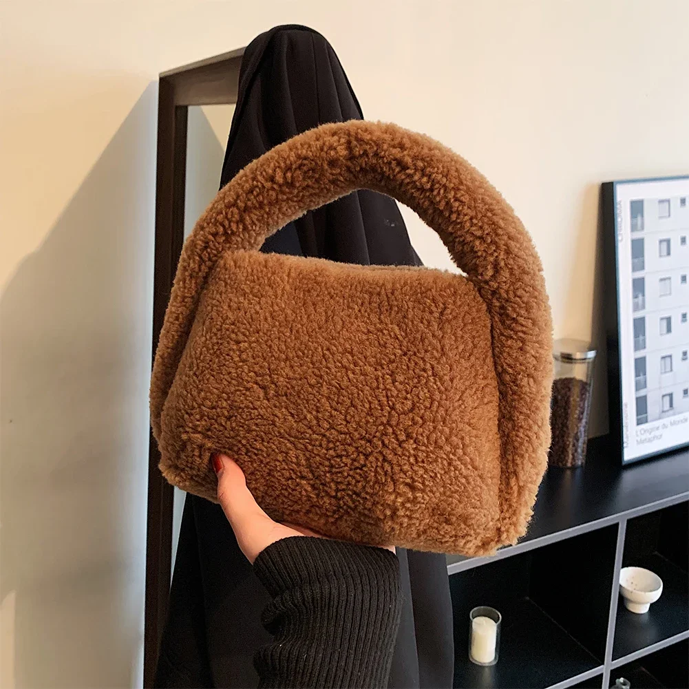 

Cashmere Wool Top Handle Bag Winter Faux Fur Tote Bag for Women Clutch Trend Plush Shoulder Bag Lady Fluffy Design Handbag Purse