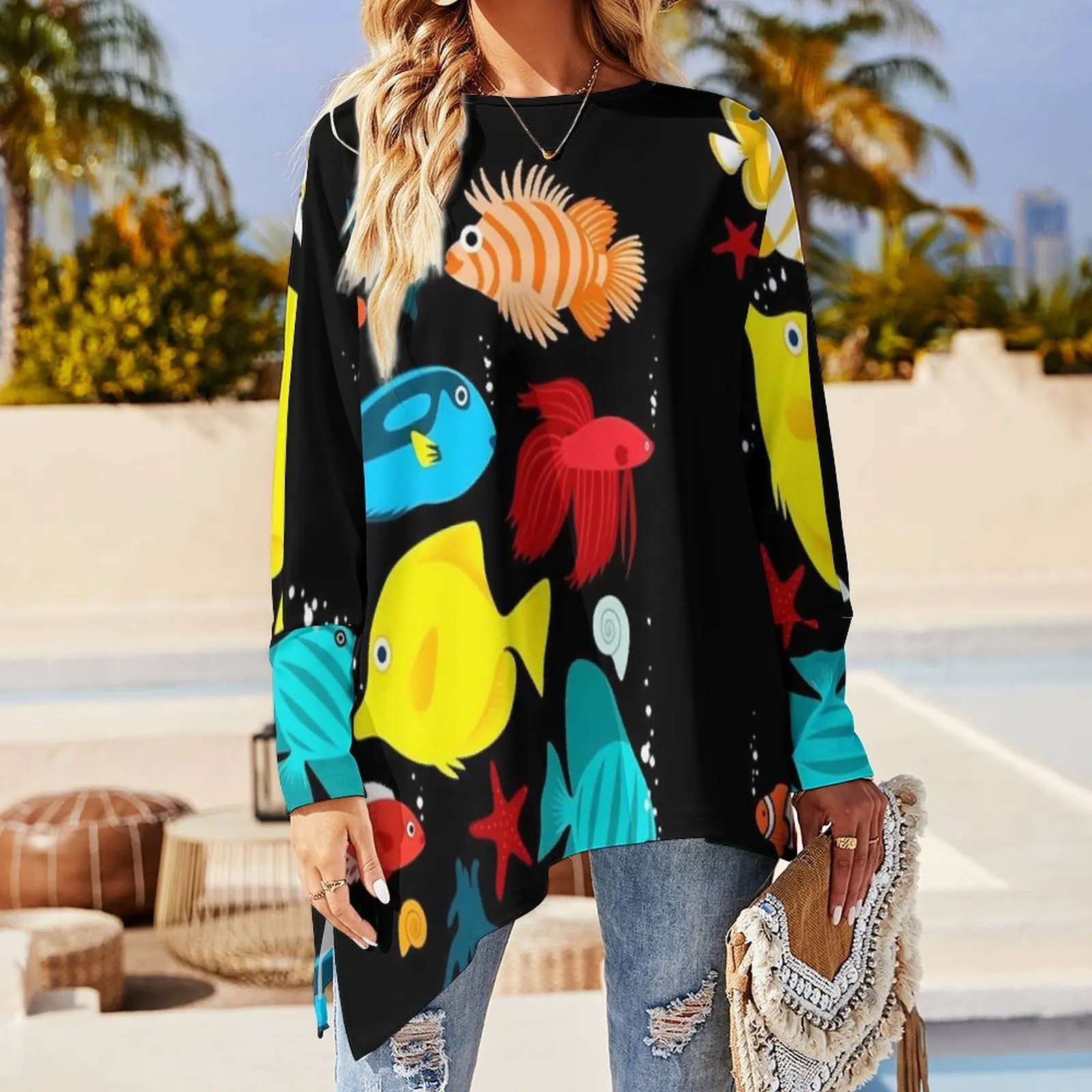 Tropical Marine T-Shirt Colorful Fishes Print Vintage Long Sleeve T Shirts Casual Oversized Tees Graphic Clothes Birthday Gift