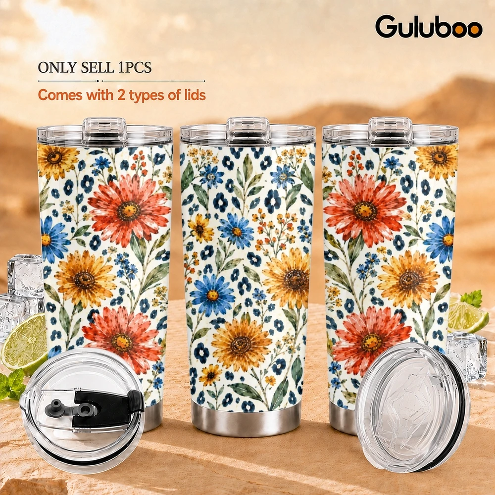 Leopard-Print Floral Vacuum Flasks 20oz Stainless Steel Travel Mug with 2 Lids & Reusable Straw Vacuum Insulated Coffee Cup
