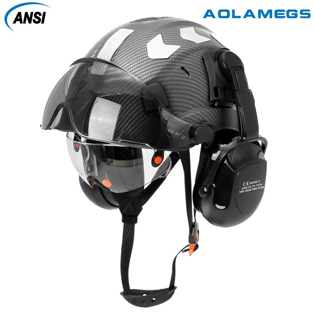 

CE Carbon Fiber Pattern Safety Helmet with Double Goggles EarMuffs & Reflective Stickers Construction Protective ABS Hard Hats