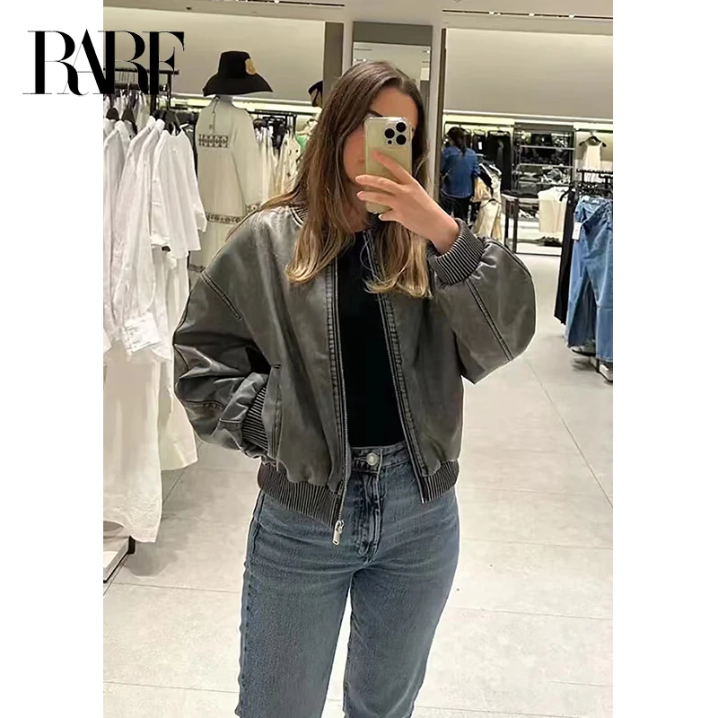 RARF 2024 Women\'s new style to do old wash effect pilot jacket stand collar long sleeve PU lady coat top