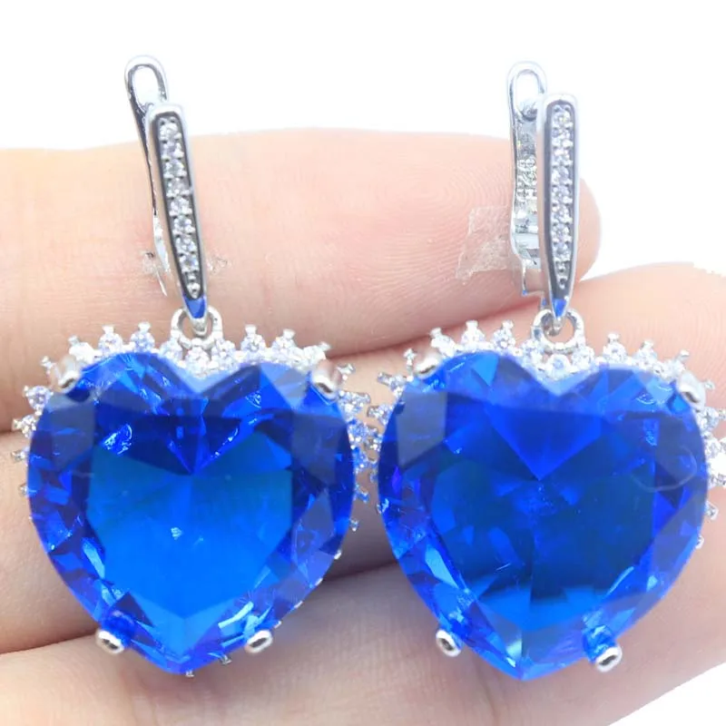 38x23mm Big Heart Gemstone 16.5g Iolite Red Blood Ruby Smoky Topaz Swiss Blue Top CZ Women Dating Silver Dangle Earrings