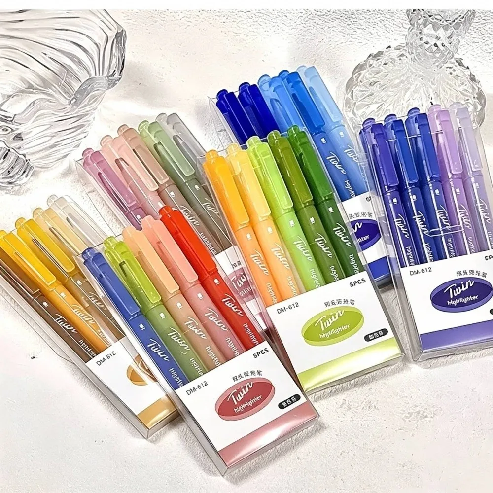 5pcs/set Dual Tip Highlighter Set Visible Window Eye-protecting Marker Pens Multi-Color Visible Window Highlighter