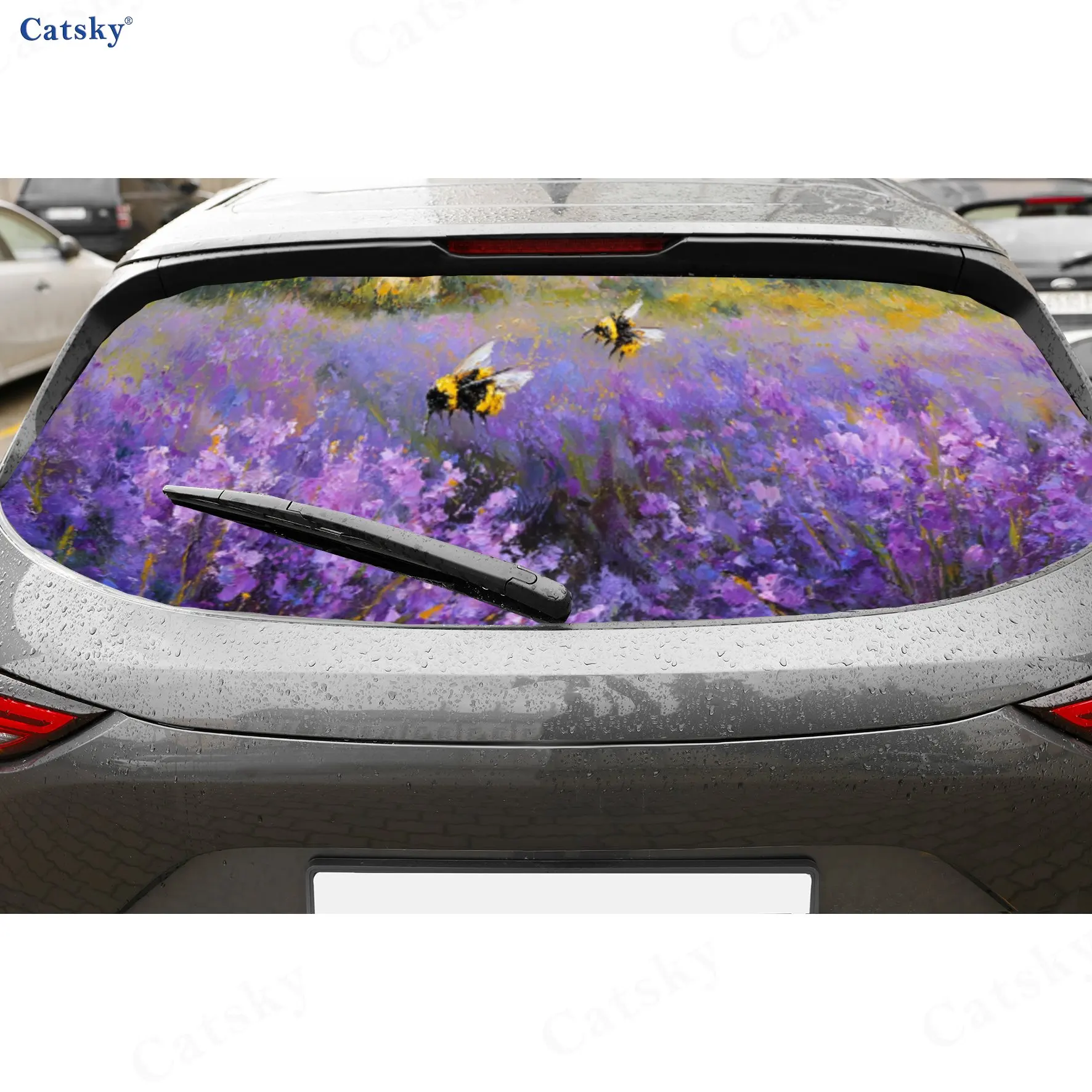 

Пчелы в лаванде Field Wonder ПВХ перфорированные автомобильные виниловые обертывания, прочная наклейка на заднее лобовое стекло автомобиля, водонепроницаемая наклейка на заднее окно автомобиля