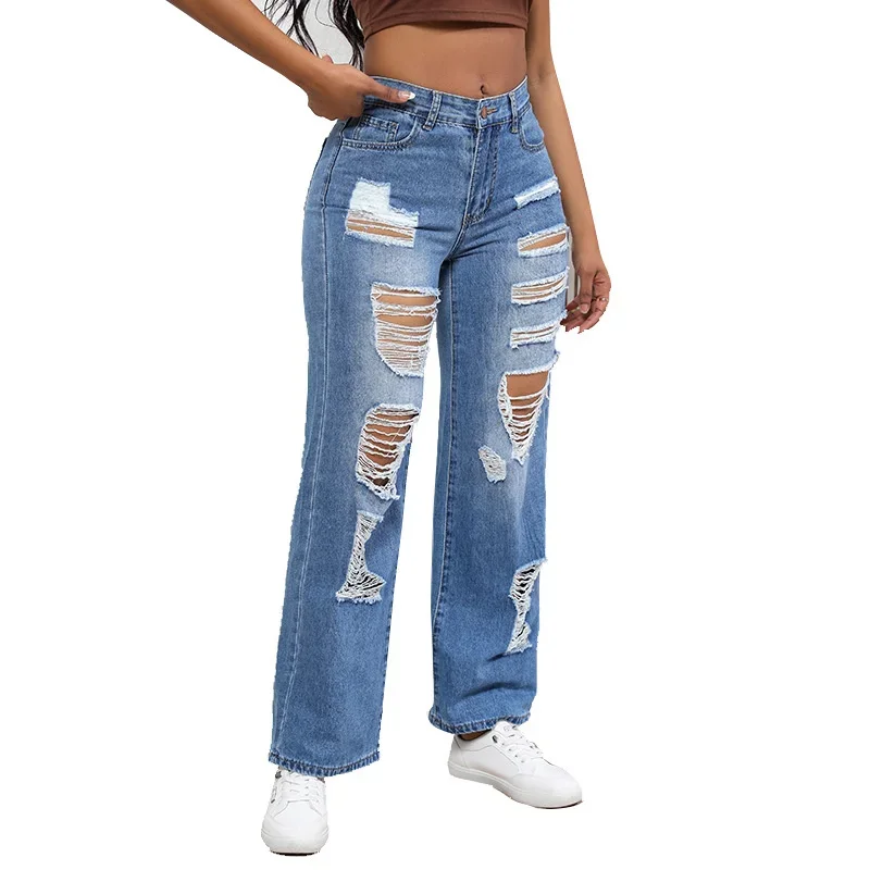 Vintage Women Straight Jeans Summer Hollow Out Broken Holes High Waist Denim Trousers Female Casual Long Pants Trend Streetwear