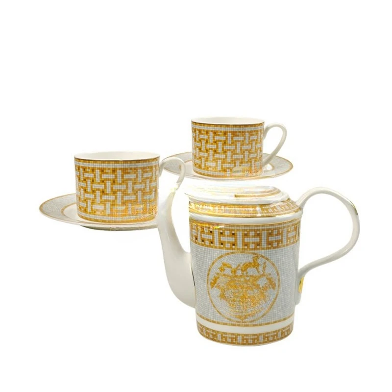 

a pot of double cups and saucers with spoons, afternoon , coffee set, gift.