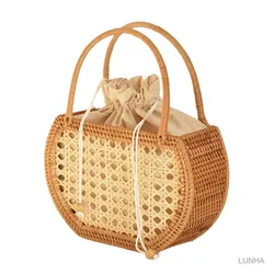 Women Top-handle Handbags Natural Bamboo Rattan Woven Bags Summer Vacation Vintage Small Handheld Bag French Style