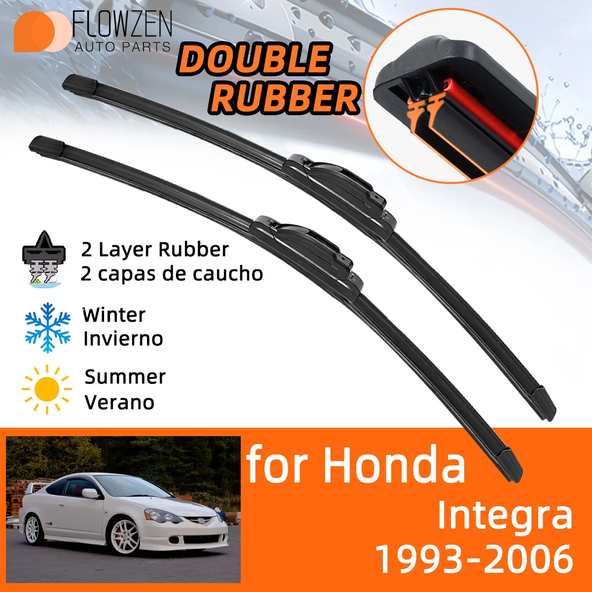 Car Wiper Blades for Honda Integra 1993-2006 Double Rubber Car Windscreen Wipers Winter Summer Wear J Hook 2002 2003 2004 2005