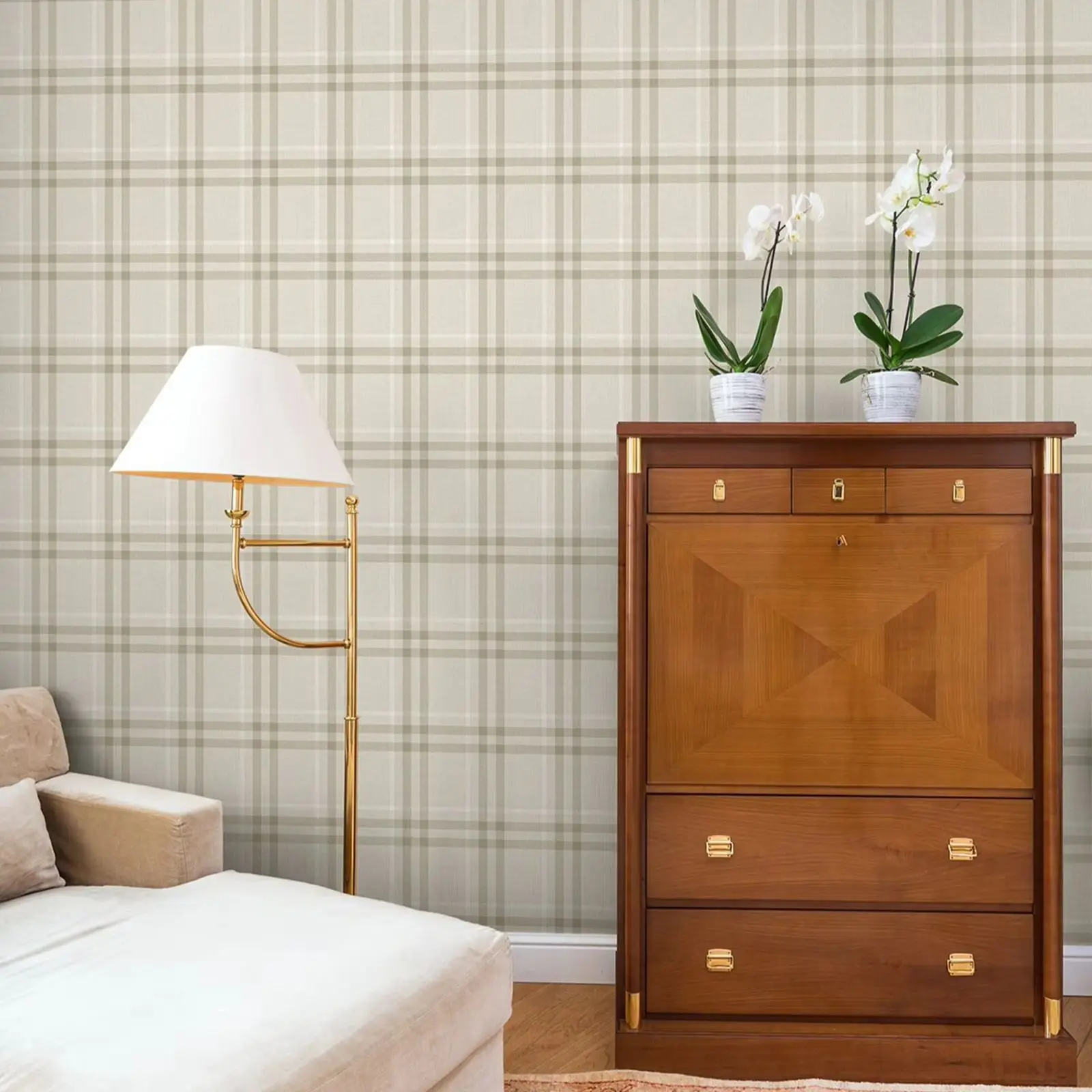 Beige Plaid Wallpaper Peel and Stick,Neutral Checkered Tartan Wall Mural,Rustic Farmhouse Home Decor,Self-adhesive Or Tradition