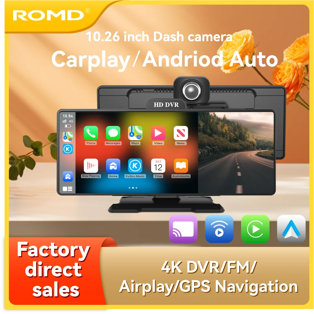 

ROME Dash Cam Wireless Carplay & Android 10.26'' 4K Rearview Camera 5G Wifi GPS Navigation Video Recorder Dashboard Dual Len