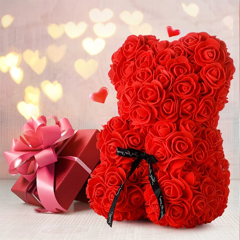 Rosenbär-Teddybär, 25 cm, künstlicher Rosenblütenbär für Valentinstag, Muttertag, Hochzeit, Jahrestag, Geburtstag, Weihnachten, Geschenk