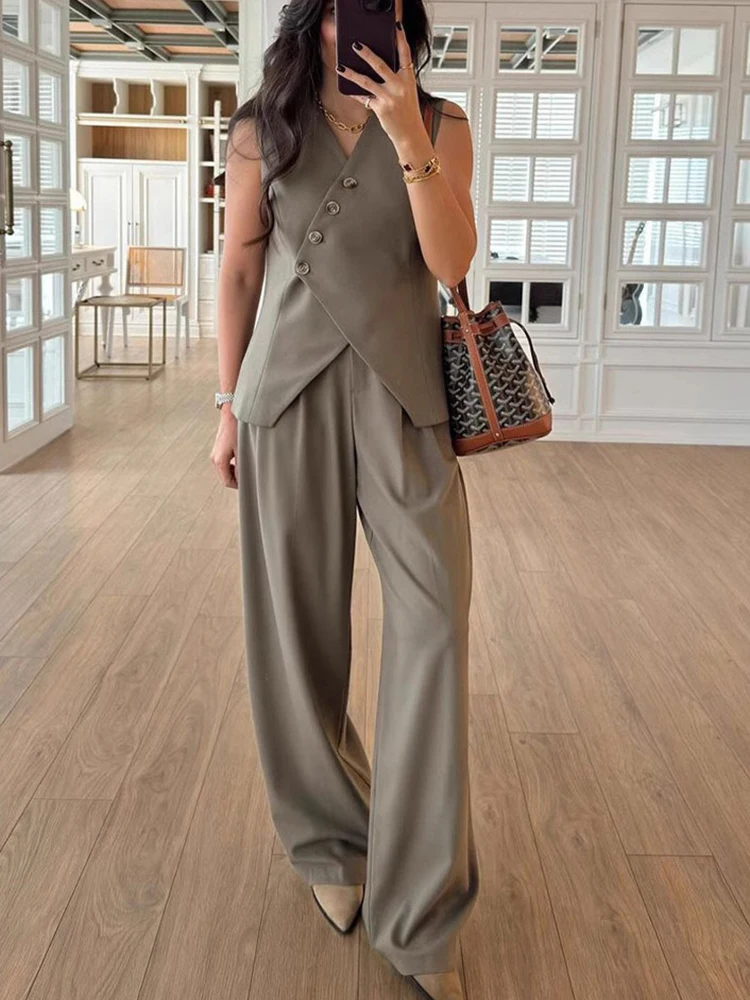 

2025 Chic Sleeveless Pants Suit Single Button Full Length Trouser Set Sleeveless Skinny Vest High Waist Trousers Two-piece Sets