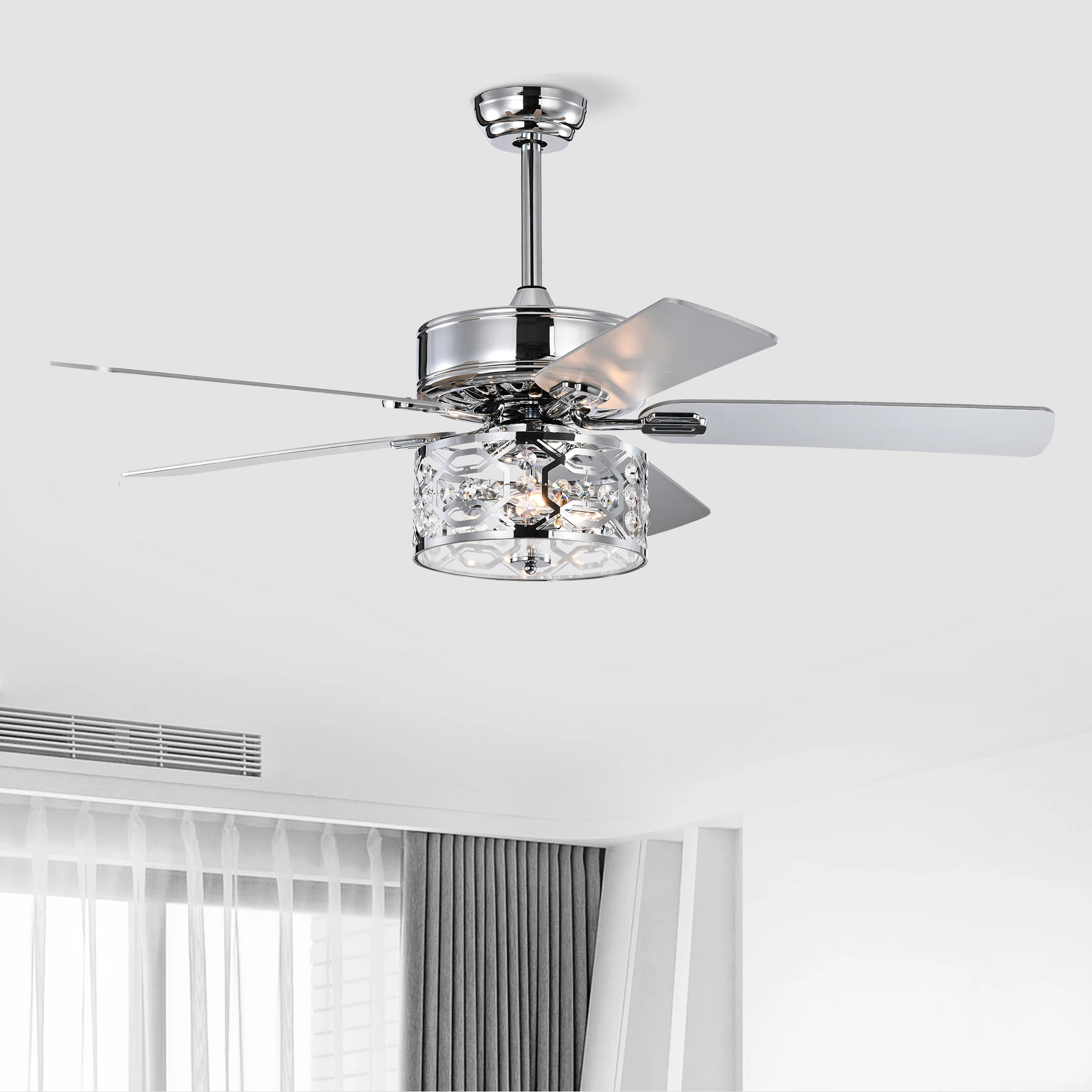 52 Inch Crystal Chandelier Fan Dual Finish Reversible Blades, Fandelier for Living Room, Dining Room, Bedroom, Family Room, Chro