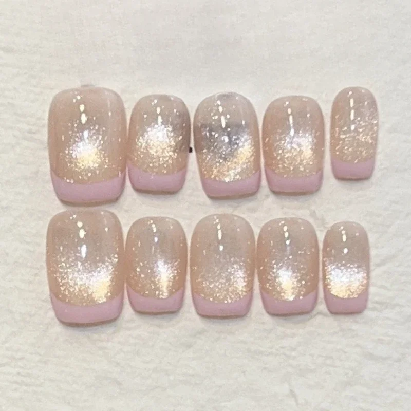 10Pcs Handmade Press on Nails Full Cover Glitter Light Bulb Cat Eye Square French Ballerina Almond False Nails Wearable Manicure