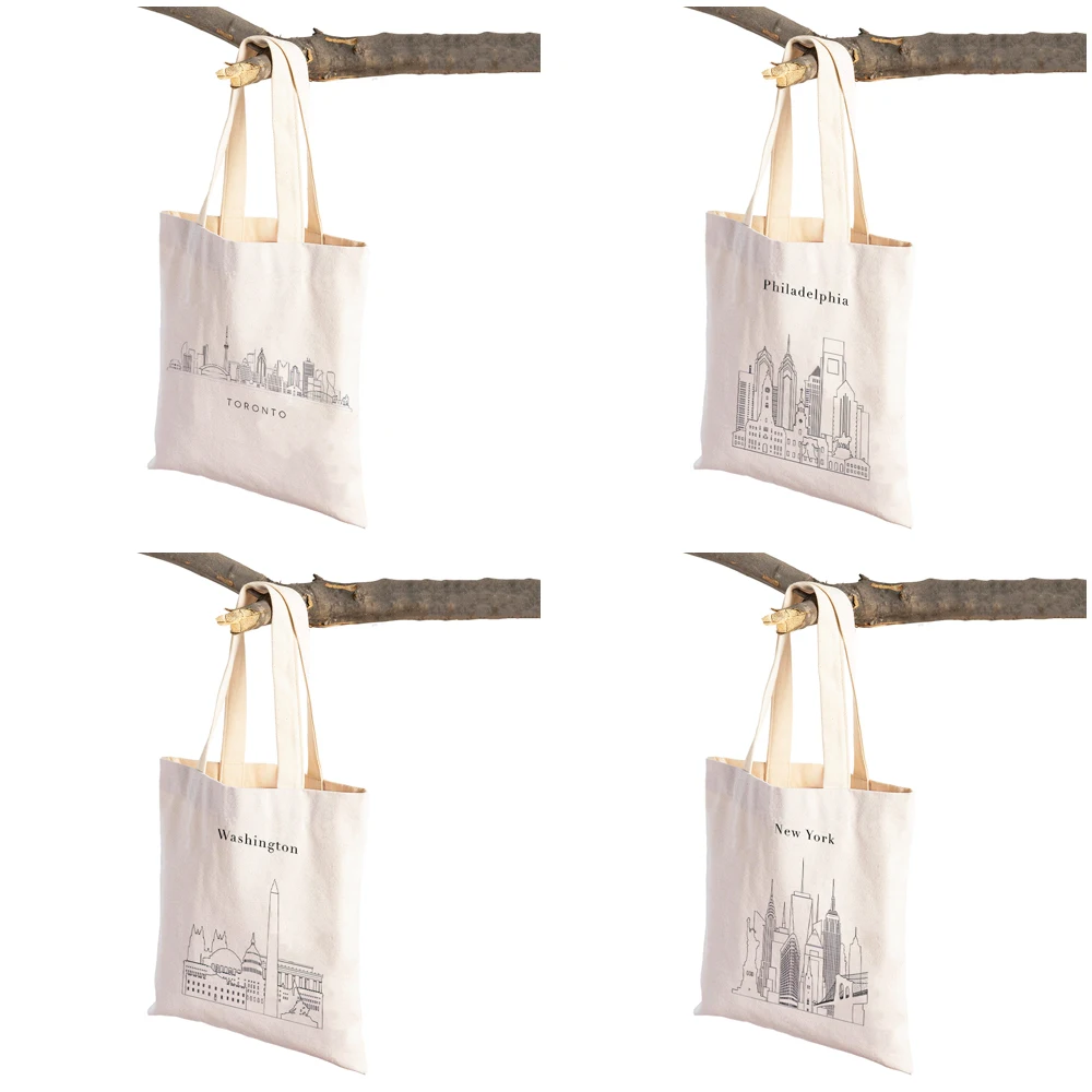 Abstract City Line London New York City Landmark Building Women Shopping Bags Double Print Casual Handbag Tote Lady Shopper Bag