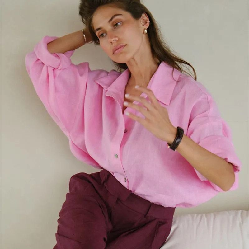 

Fashion Loose Women's Shirts Long Sleeve Lapel Solid Female Blouses 2025 Spring Summer Elegant Pink Cotton Linen Lady Shirts