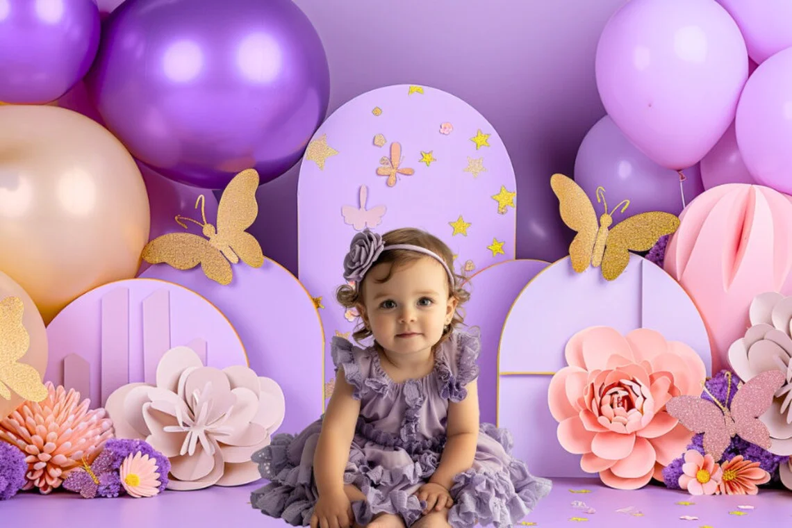 Photography Background Purple Balloons Butterfly Wonderland Girl Birthday Party Cake Smash Decor Photo Backdrop Studio