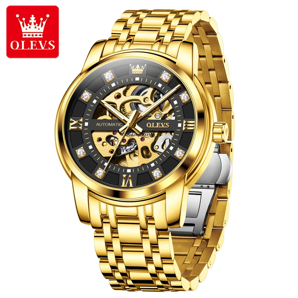 

OLEVS новые модные золотые механические часы со скелетом для мужчин, светящиеся автоматические полые часы из нержавеющей стали, мужские часы Relogio Masculino