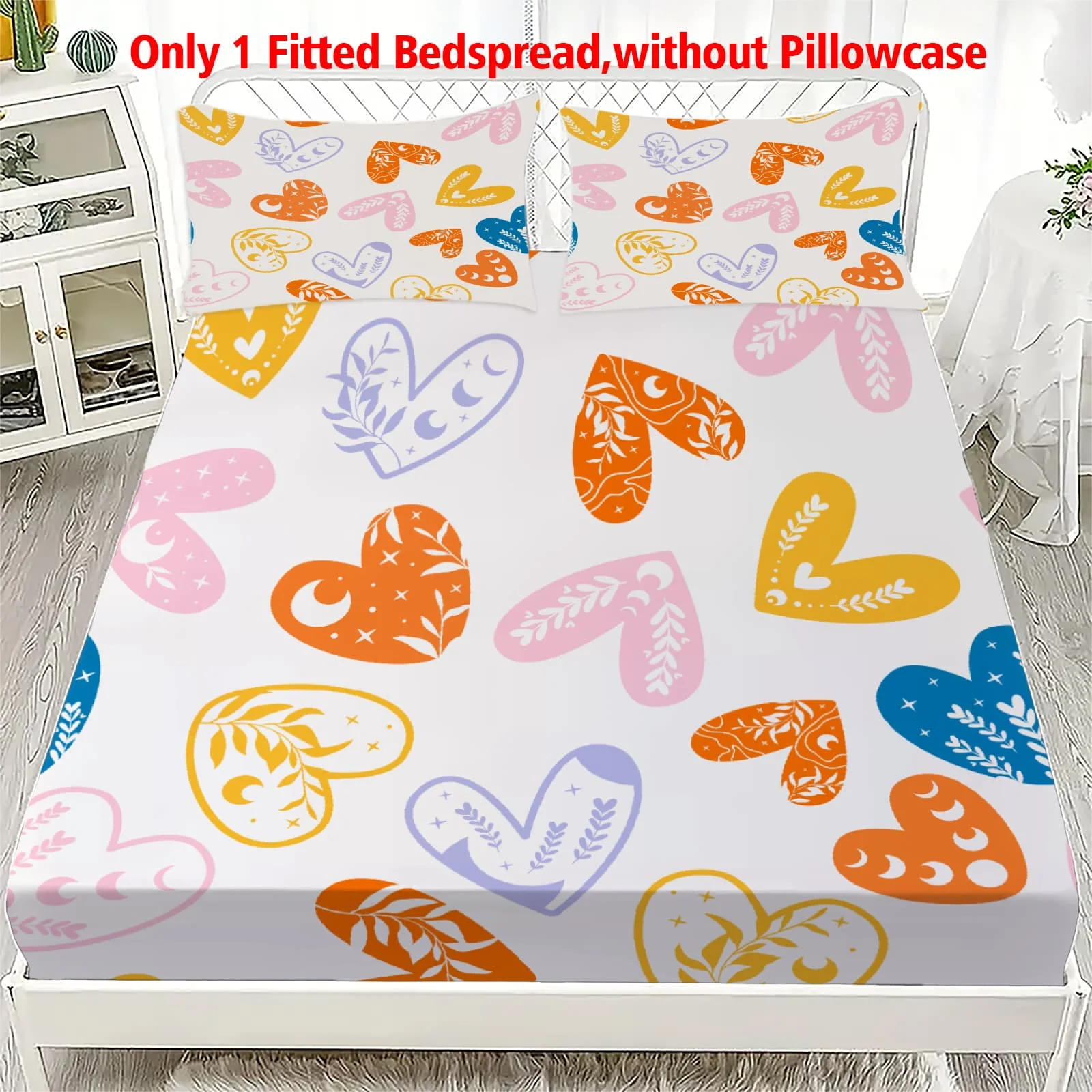 1-Pc Bohemian Heart Colorful Moon & Leaf -100% Polyester, Digital Print, Breathable All-Season Fitted Sheet and Pillowcase Set