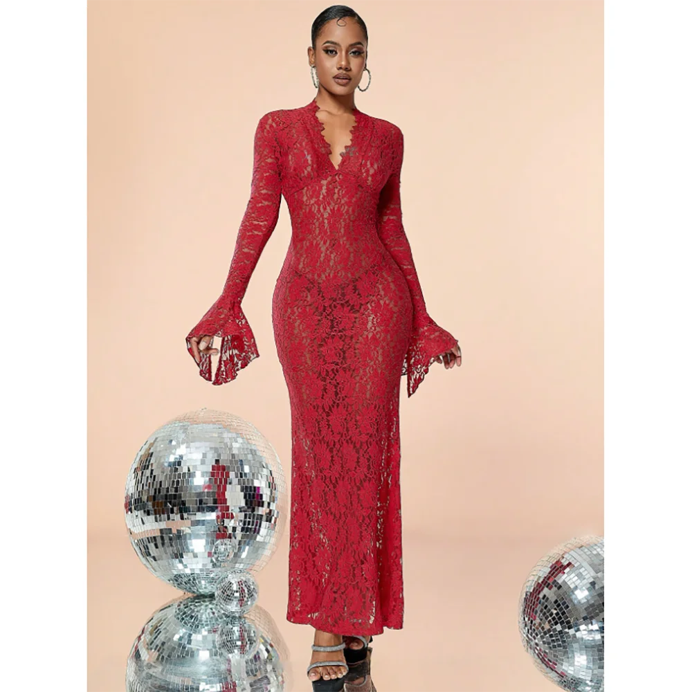 

Red Prom Dress V-Neck Long Sleeves Elegant Mermaid Evening Gowns Lace Ankle Length Formal Party Dresses Customized