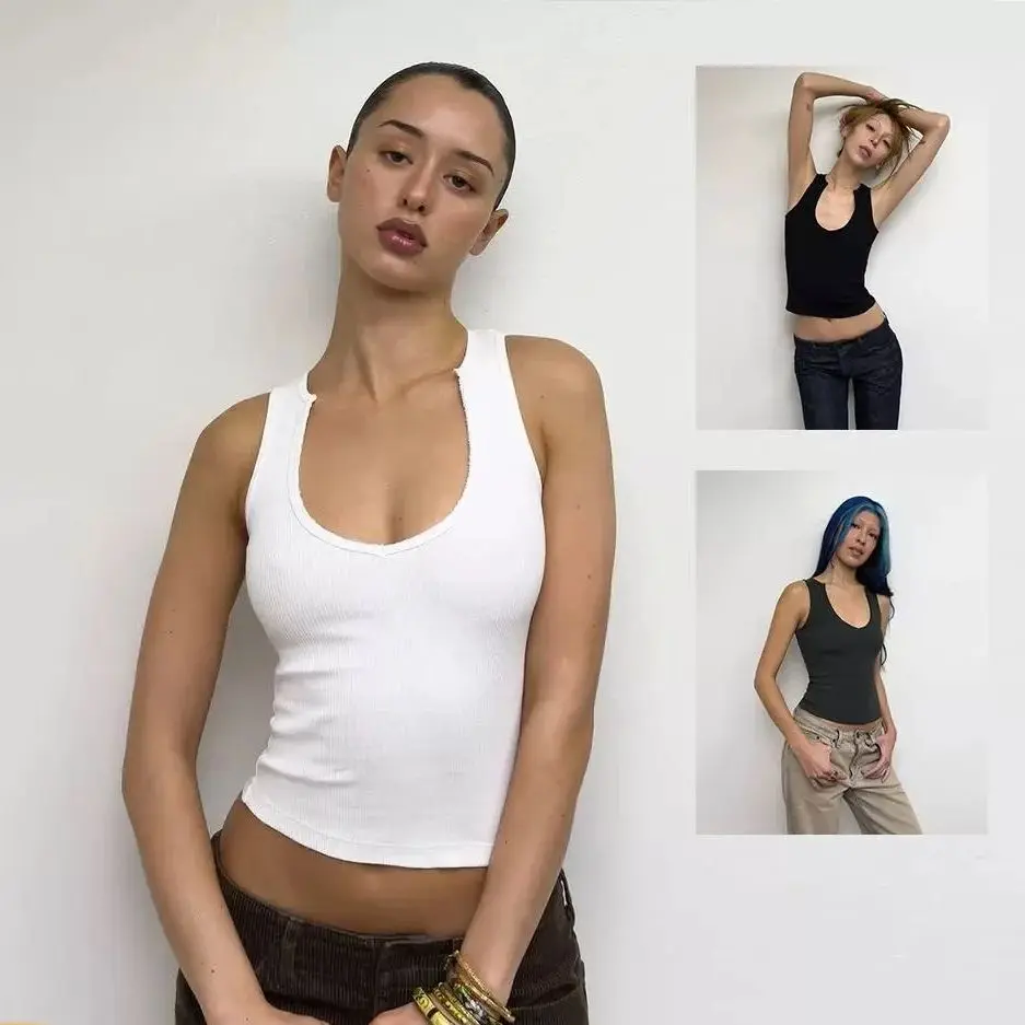 

Tank military green and white raw edge design v-neck vest threaded I-shaped slim short top