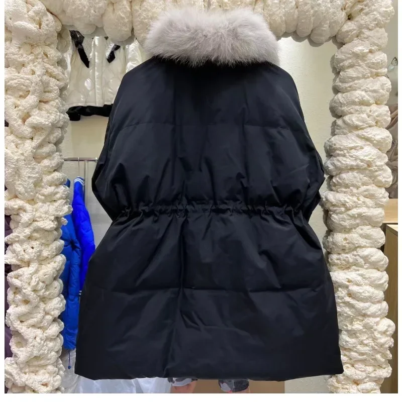 Winter New Fox Large Fur Collar Down Coat for Women Loose Thickened Warm White Duck Down Coat