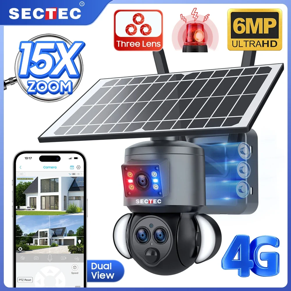 SECTEC Three Lens Dual View PTZ Outdoor Night Vision 4G Solar Power Security IP Camera 6MP 15X Zoom Solar Battery CCTV Camera