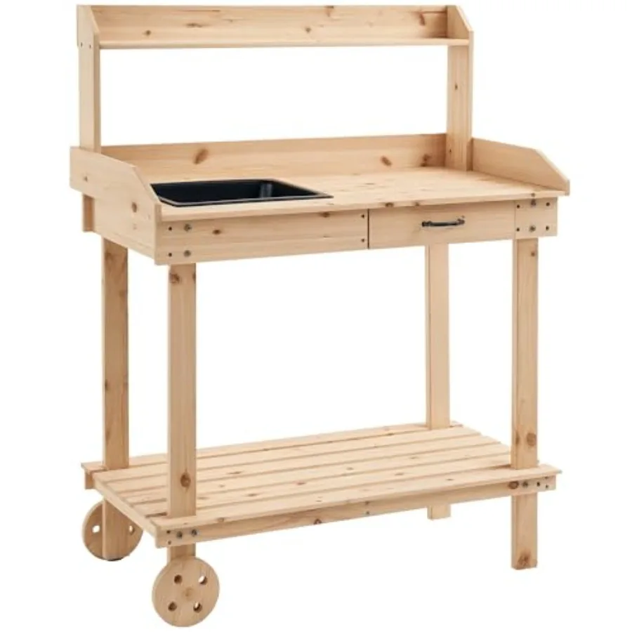 

Garden potting bench: wooden natural wood color 36-inch workstation with detachable wheels removable sink drawer and large stor