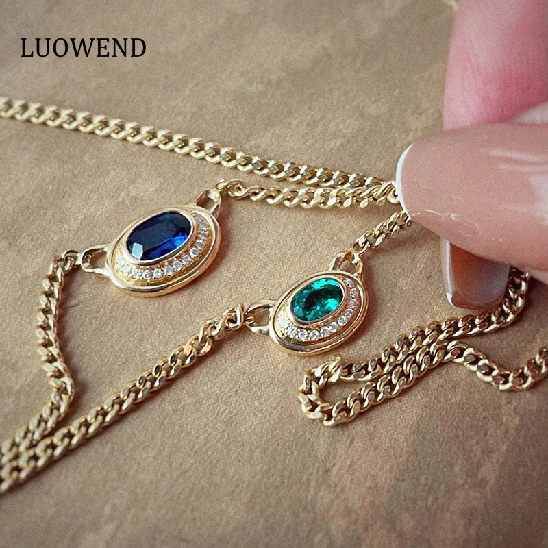 

LUOWEND 18K Yellow Gold Necklace Luxury Vintage Style Real Natural Sapphire or Emerald Necklace for Women High Wedding Jewelry