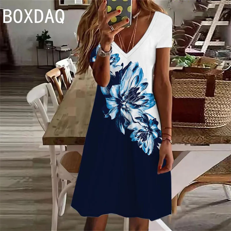 Women Short Sleeve V-Neck Casual Dress 3D Vintage Plant Floral Gradient A-Line Dress Big Size 3XL Female Sundress Vestidos