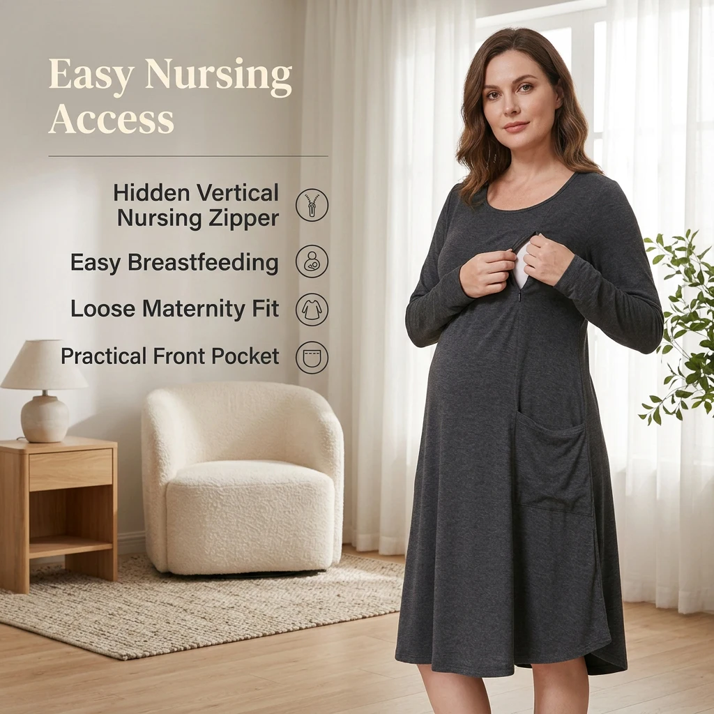 Maternity Nursing Dress Long Sleeve Hidden Zipper Breastfeeding Midi Loose Pregnancy Outfit with Side Pockets Modal